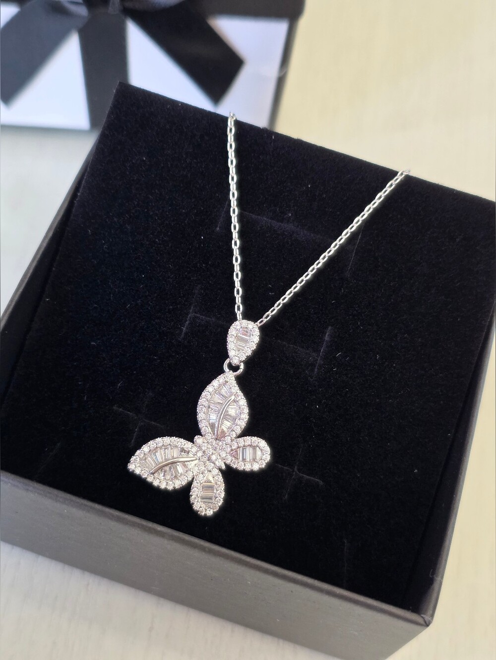 Baguette CC Butterfly Pendant Necklace Rhodium-plated Silver NIB